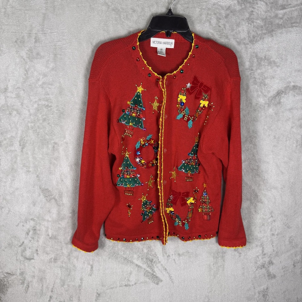 Victoria‎ Harbour Sweater Womens Medium Christmas Cardigan Trees Wreath Beaded